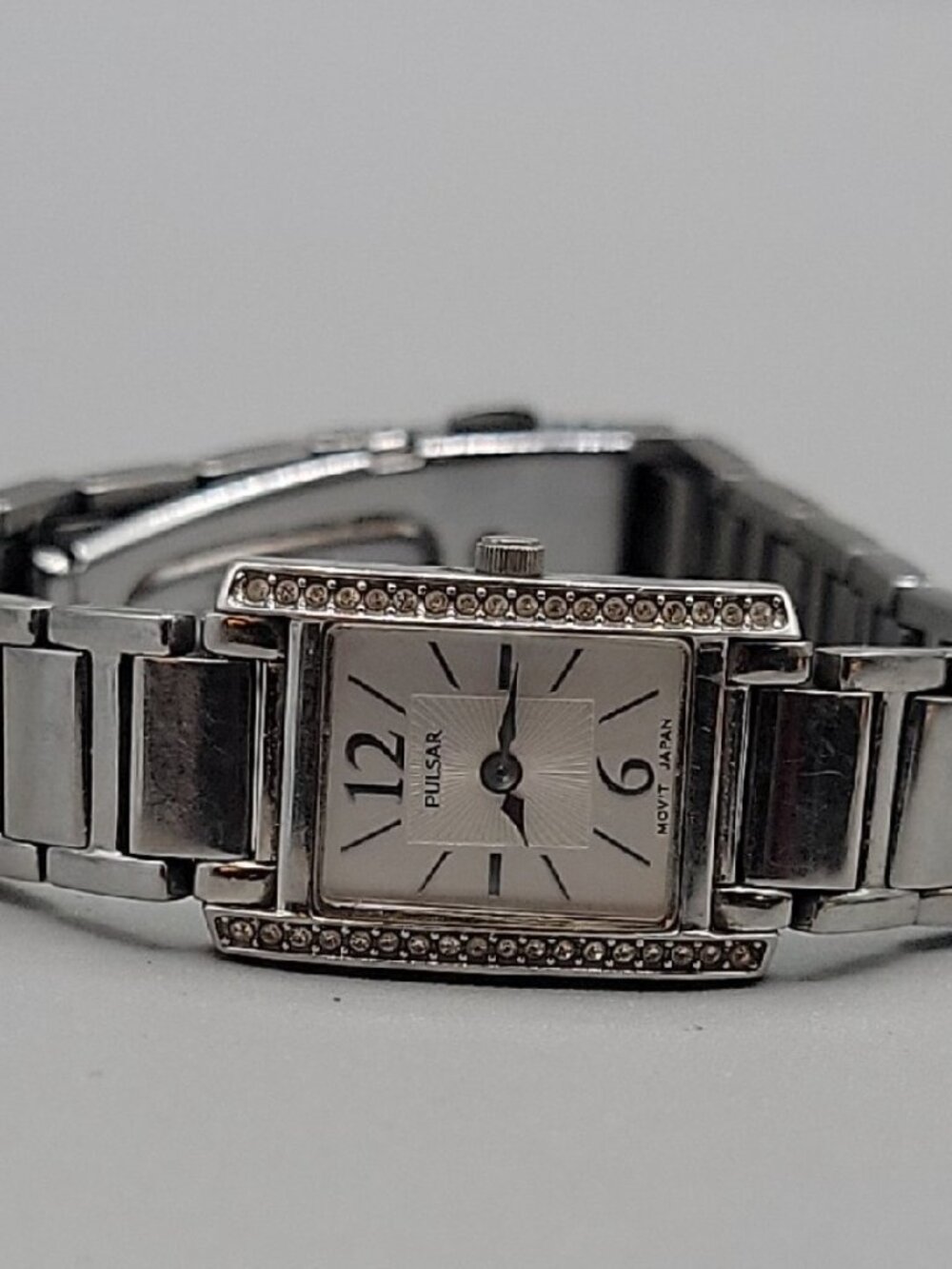 Vintage Pulsar Ladies Watch 1N00 X265 Silvertone Rectangle Link Band Rhinestones - Picture 8 of 14